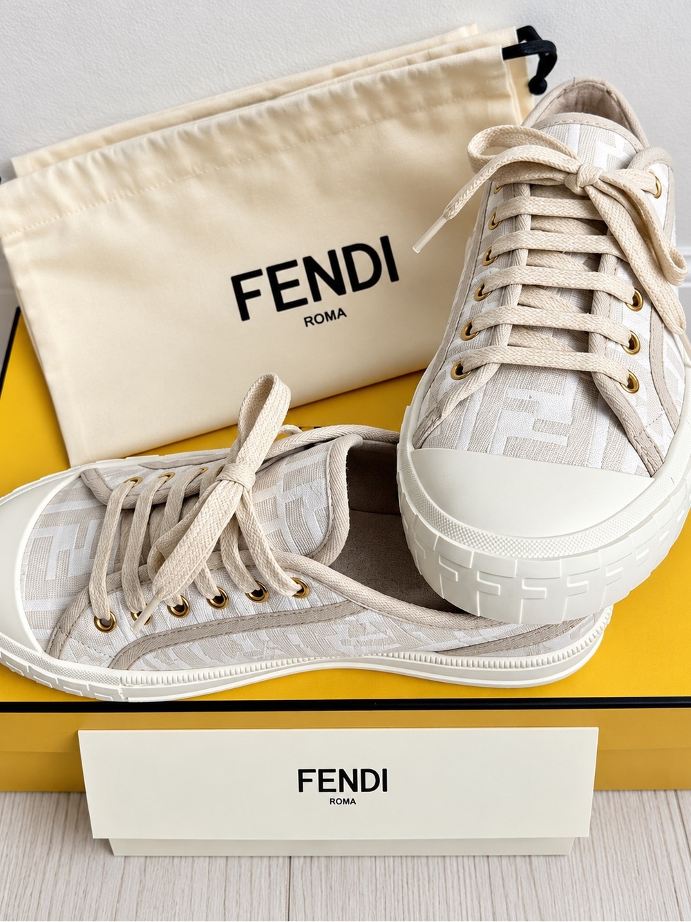 Fendi Domino FF Logo Lace-Up Low Top Sneakers Ivory Beige Canvas Rubber Outsole